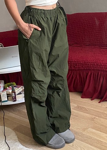 Haki Renk Kadın Keten Geniş Paça Pantolon - Görsel 3