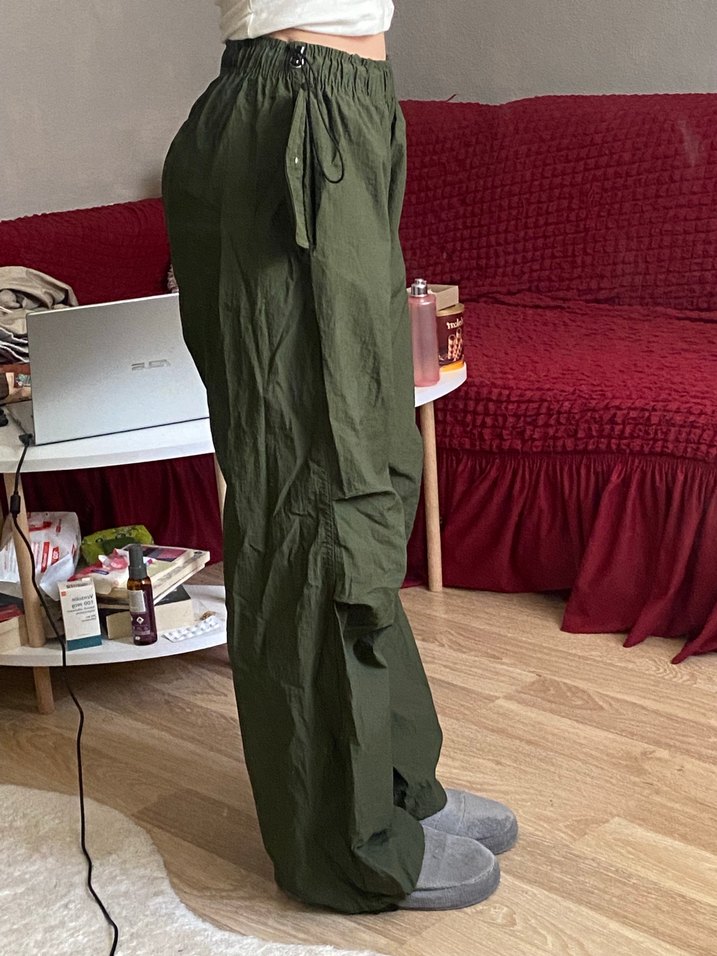 Haki Renk Kadın Keten Geniş Paça Pantolon - Görsel 4