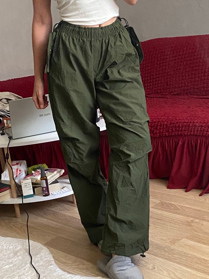 Haki Renk Kadın Keten Geniş Paça Pantolon - Görsel 5