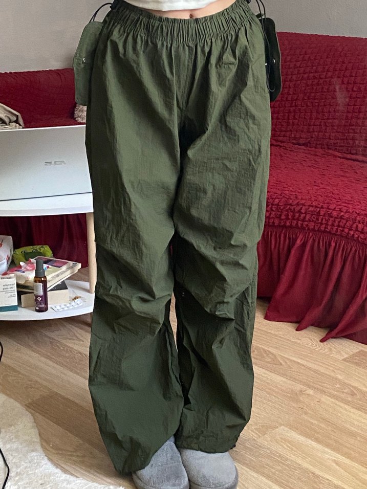 Haki Renk Kadın Keten Geniş Paça Pantolon - Görsel 2