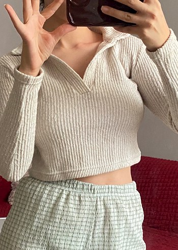 Bej V Yaka Örgü Kadın Keten Kazak - Görsel 4