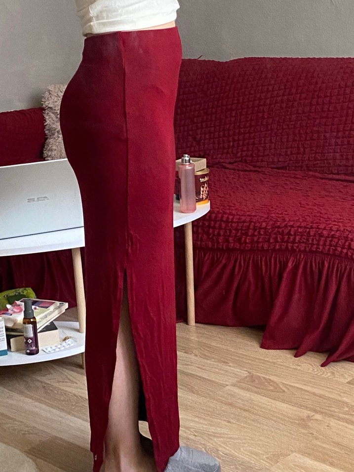 Bordo Drapeli Uzun Kadın Etek - Görsel 2