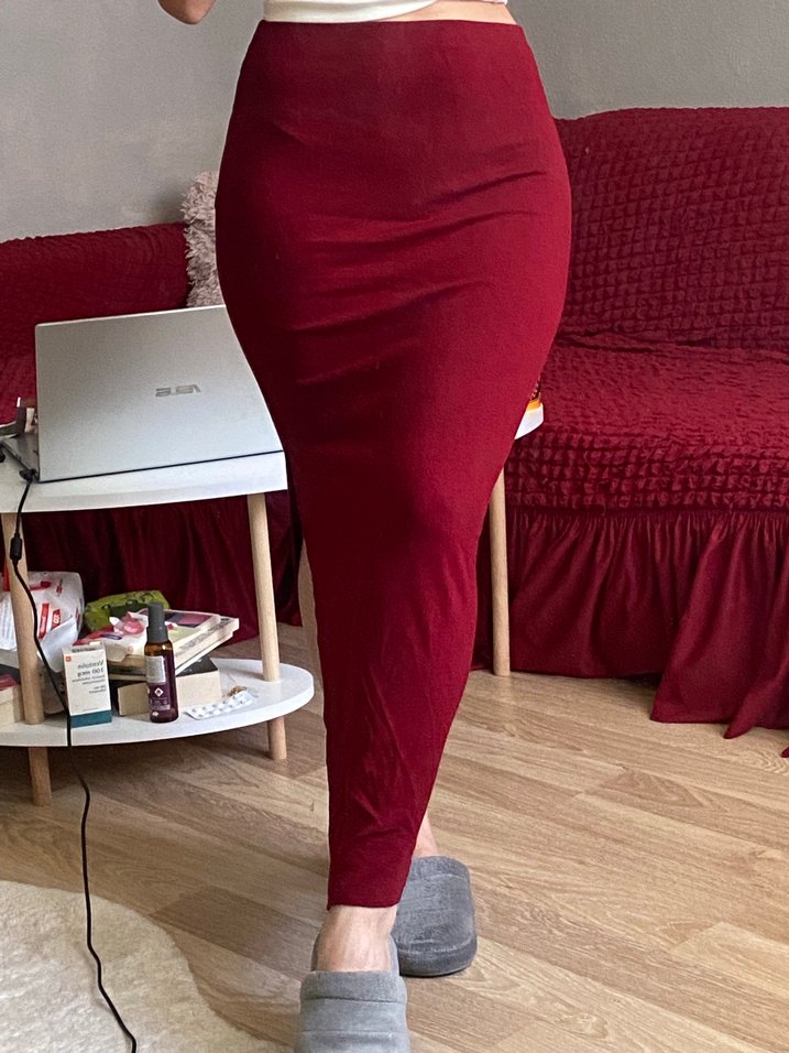 Bordo Drapeli Uzun Kadın Etek - Görsel 3