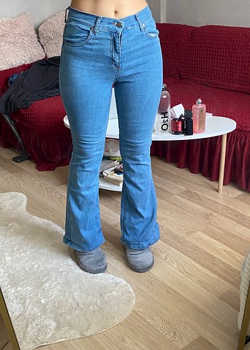 Düğmeli Bol Kesim Mavi Kadın Kot Pantolon - Görsel 2