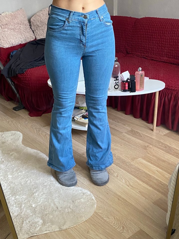 Düğmeli Bol Kesim Mavi Kadın Kot Pantolon - Görsel 2