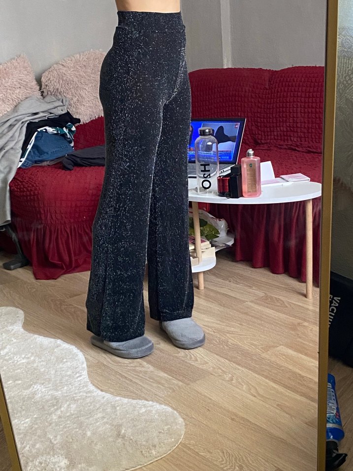 Gri Triko simli Salaş Midi Kadın Pantolon - Görsel 2