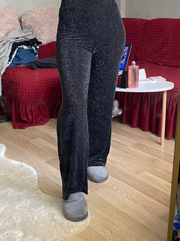 Gri Triko simli Salaş Midi Kadın Pantolon - Görsel 3