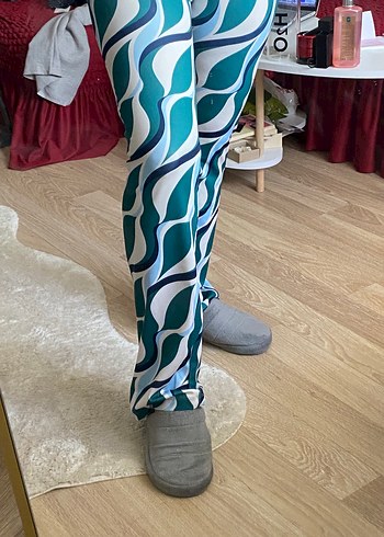 Mavi Retro Desenli Kadın İspanyol Paça Pantolon - Görsel 3