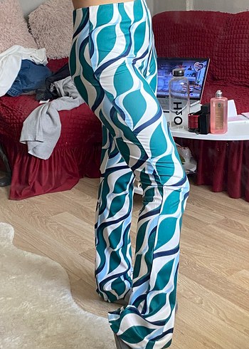 Mavi Retro Desenli Kadın İspanyol Paça Pantolon - Görsel 4