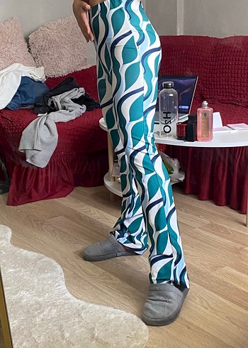 Mavi Retro Desenli Kadın İspanyol Paça Pantolon - Görsel 2