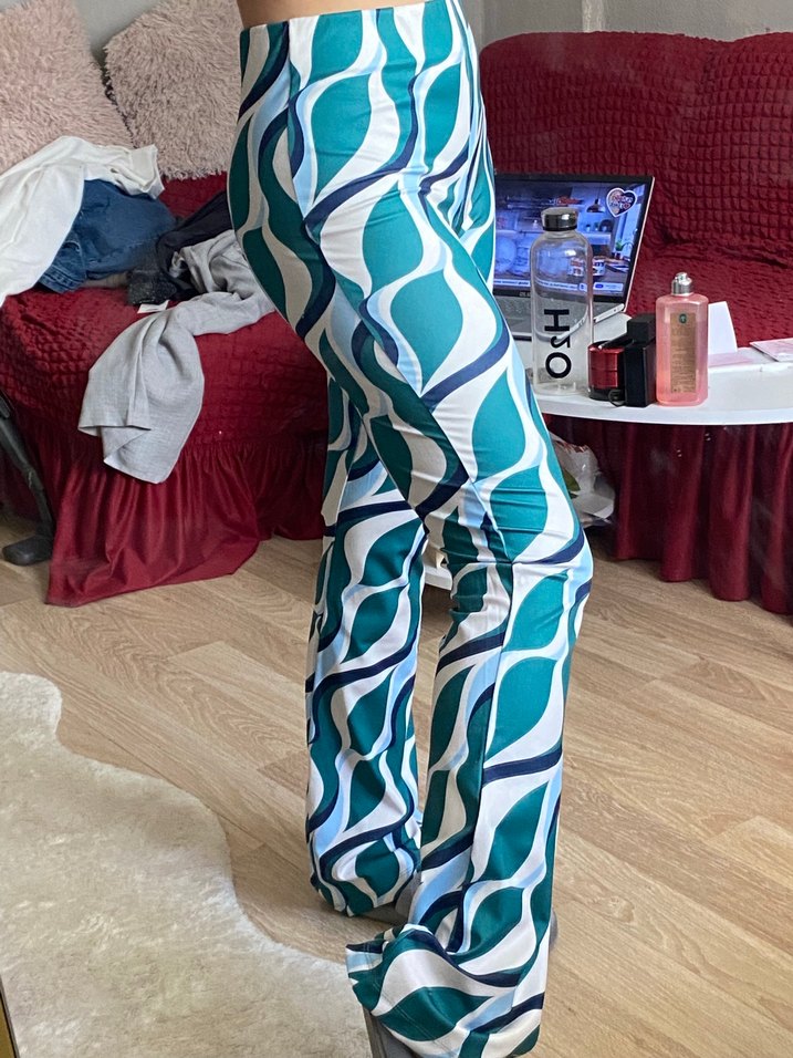 Mavi Retro Desenli Kadın İspanyol Paça Pantolon - Görsel 4