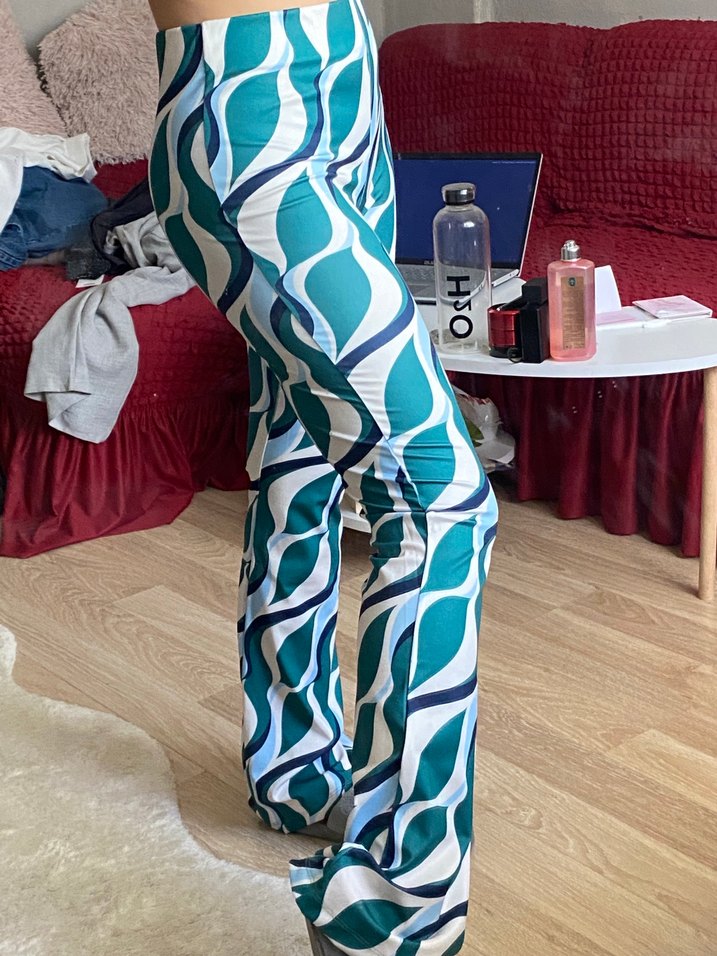 Mavi Retro Desenli Kadın İspanyol Paça Pantolon - Görsel 5