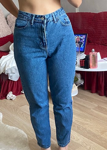 Düğmeli Mavi Loose Fit Midi Kot Pantolon - Görsel 3