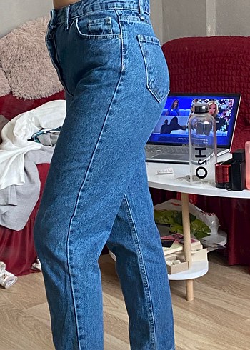 Düğmeli Mavi Loose Fit Midi Kot Pantolon - Görsel 4