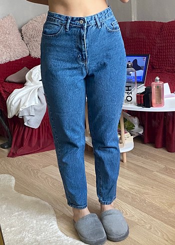 Düğmeli Mavi Loose Fit Midi Kot Pantolon - Görsel 5