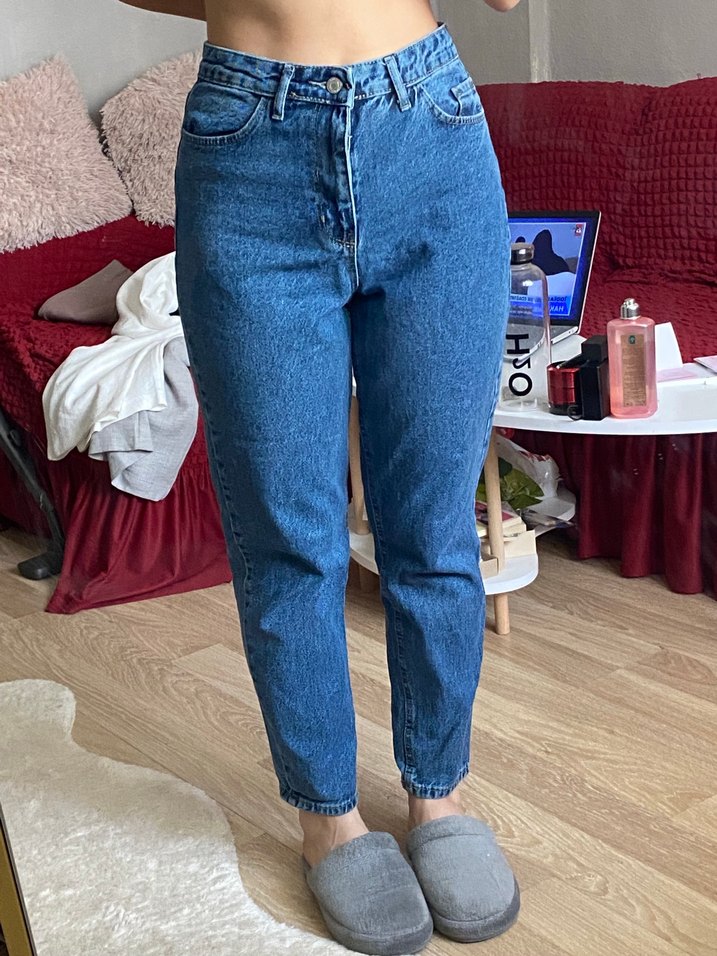 Düğmeli Mavi Loose Fit Midi Kot Pantolon - Görsel 5