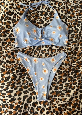s Beden Mavi Papatya Desenli Bağlamalı Bikini