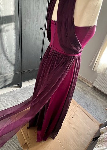 Bordo Uzun Pilili Abiye Elbise - Görsel 7