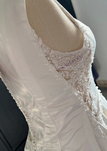 Saten Beyaz A-Line Gelinlik - Görsel 9