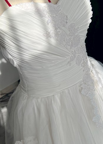 Dreamon Straplez Uzun Beyaz fransız dantelli Gelinlik - Görsel 4