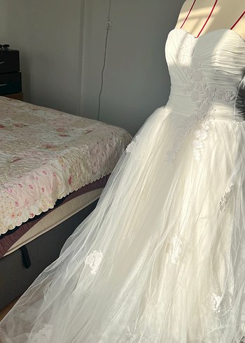 Dreamon Straplez Uzun Beyaz fransız dantelli Gelinlik - Görsel 3