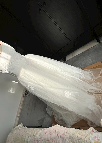 Dreamon Straplez Uzun Beyaz fransız dantelli Gelinlik - Görsel 10