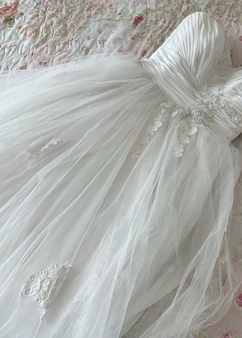 Dreamon Straplez Uzun Beyaz fransız dantelli Gelinlik - Görsel 15