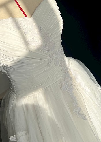 Dreamon Straplez Uzun Beyaz fransız dantelli Gelinlik - Görsel 6