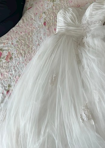 Dreamon Straplez Uzun Beyaz fransız dantelli Gelinlik - Görsel 17