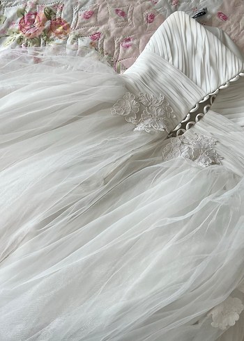 Dreamon Straplez Uzun Beyaz fransız dantelli Gelinlik - Görsel 14