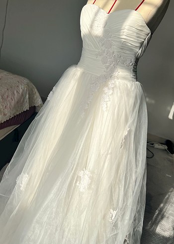 Dreamon Straplez Uzun Beyaz fransız dantelli Gelinlik - Görsel 2