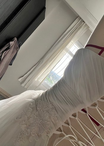 Dreamon Straplez Uzun Beyaz fransız dantelli Gelinlik - Görsel 12