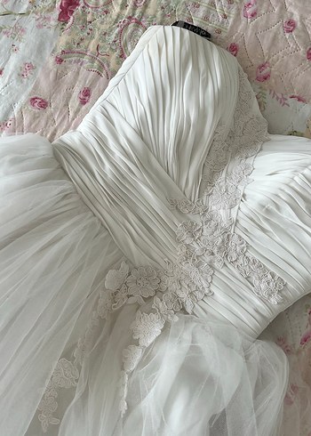 Dreamon Straplez Uzun Beyaz fransız dantelli Gelinlik - Görsel 16