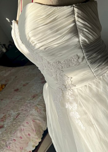 Dreamon Straplez Uzun Beyaz fransız dantelli Gelinlik - Görsel 8