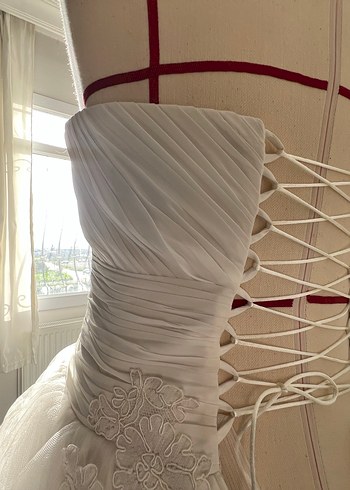 Dreamon Straplez Uzun Beyaz fransız dantelli Gelinlik - Görsel 11