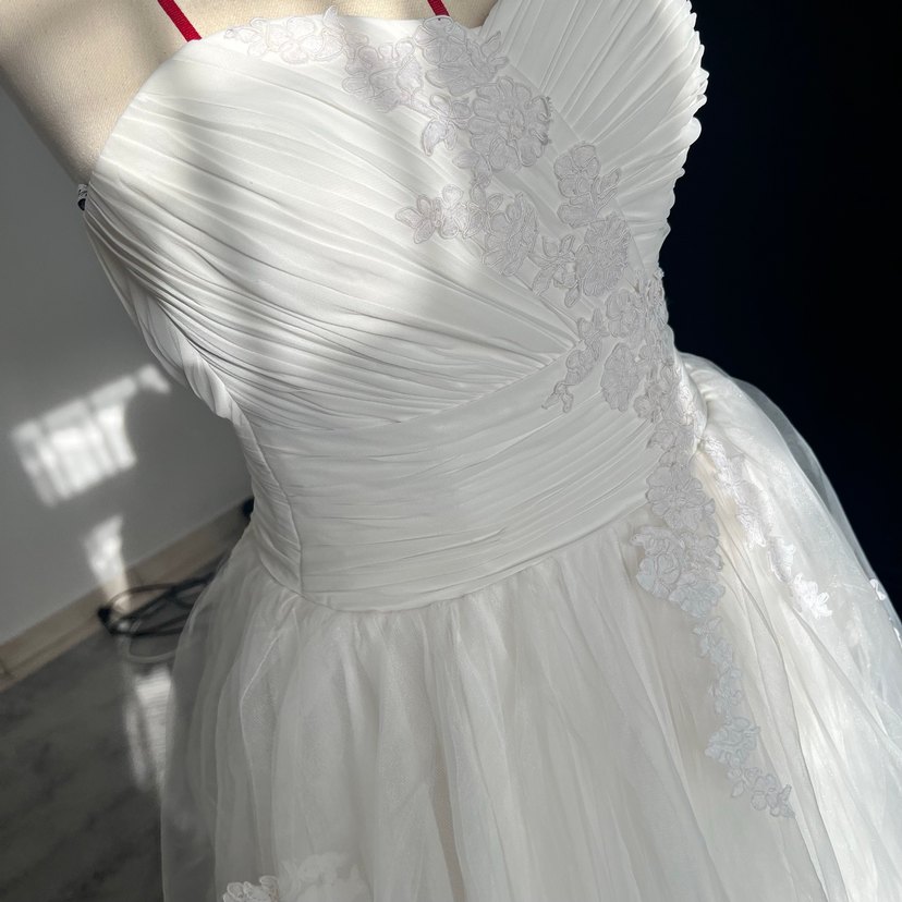 Dreamon Straplez Uzun Beyaz fransız dantelli Gelinlik - Görsel 4