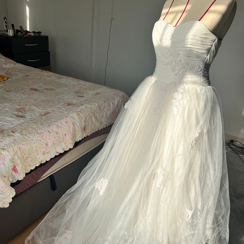 Dreamon Straplez Uzun Beyaz fransız dantelli Gelinlik - Görsel 3