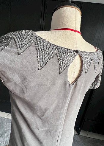 culture marka Gri ışıltılı yaka detaylı şık elbise - Görsel 8