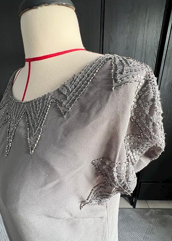 culture marka Gri ışıltılı yaka detaylı şık elbise - Görsel 3