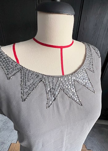 culture marka Gri ışıltılı yaka detaylı şık elbise - Görsel 4