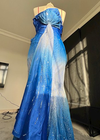 Mavi Drapeli Uzun balık Abiye Elbise - Görsel 15