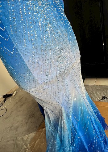 Mavi Drapeli Uzun balık Abiye Elbise - Görsel 6