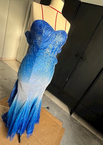 Mavi Drapeli Uzun balık Abiye Elbise - Görsel 3