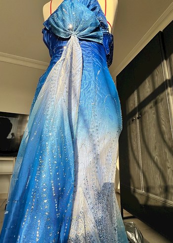 Mavi Drapeli Uzun balık Abiye Elbise - Görsel 16