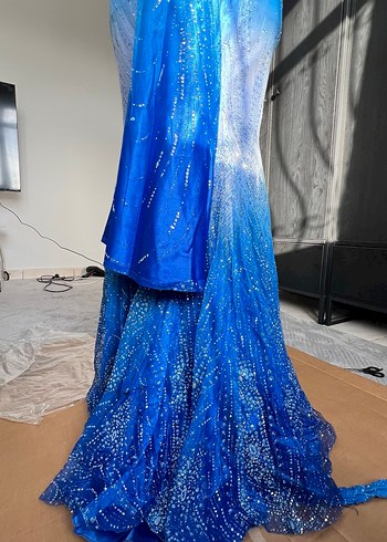 Mavi Drapeli Uzun balık Abiye Elbise - Görsel 12