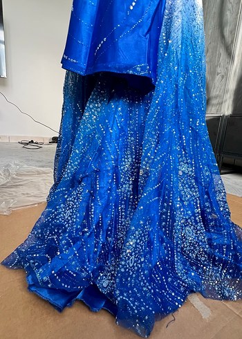 Mavi Drapeli Uzun balık Abiye Elbise - Görsel 13