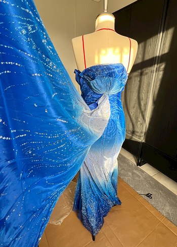 Mavi Drapeli Uzun balık Abiye Elbise - Görsel 10