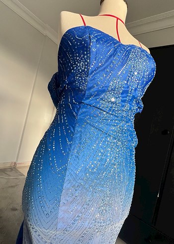 Mavi Drapeli Uzun balık Abiye Elbise - Görsel 7