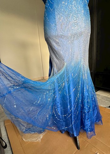 Mavi Drapeli Uzun balık Abiye Elbise - Görsel 5