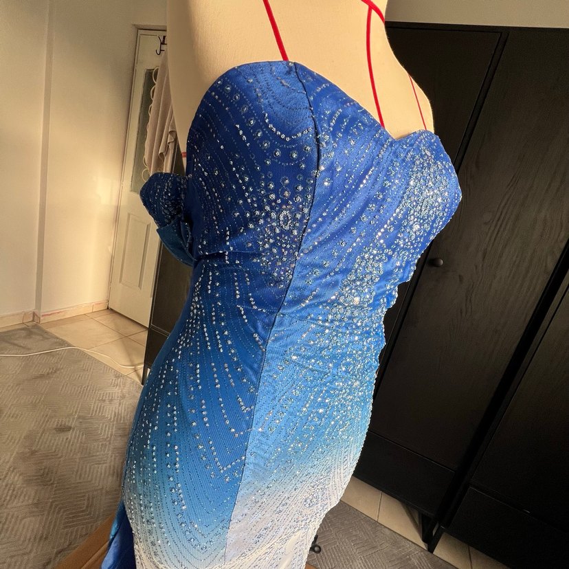 Mavi Drapeli Uzun balık Abiye Elbise - Görsel 4